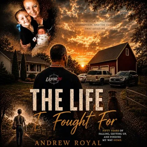 The Life I Fought For cover — a man in a Layor76 shirt facing a barn at sunset, with a family photo collage above and the title text overlaid