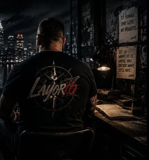 Layor76 seen from behind, seated at a desk in a dark room, notebook open, city skyline through the window at night