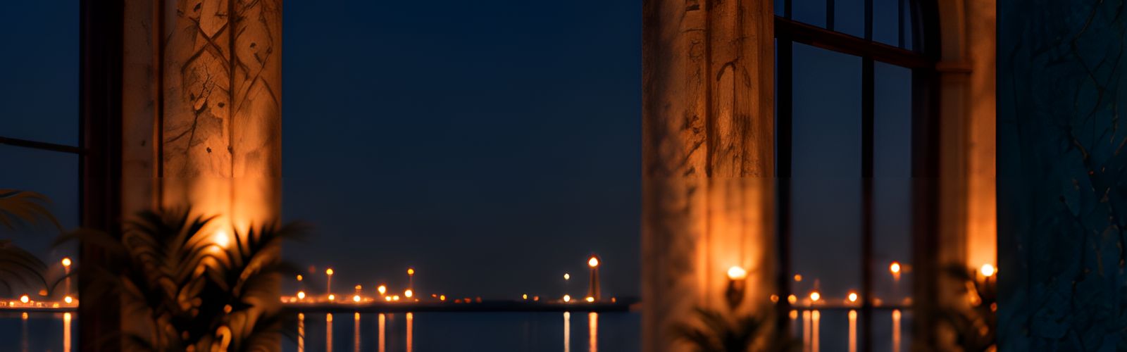 The Vesper’s lobby at night, harbor lights across the lake through the tall windows