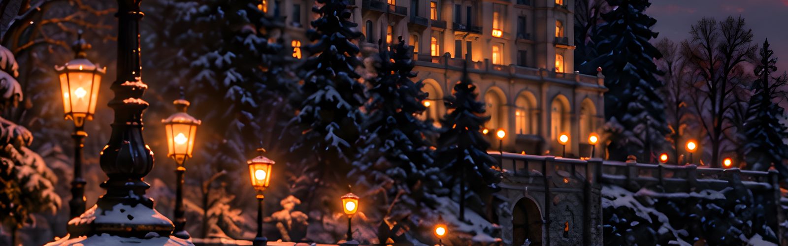 The snowy lakefront promenade at dusk, iron lamps glowing, the Vesper beyond